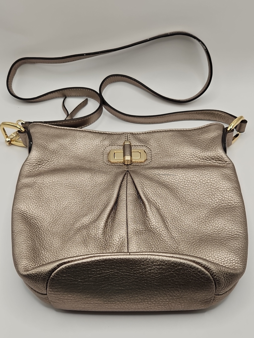 B Makowsky Metallic Taupe Leather Crossbody Strap Bag with Gold Hardware